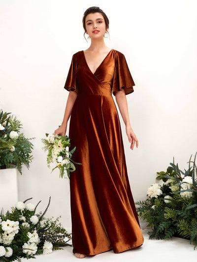 Burant Orange Bridesmaid Dresses Bridesmaid Dress A-line Velvet V-neck Full Length Short Sleeves Wedding Party Dress (80224022)#color_burant-orange
