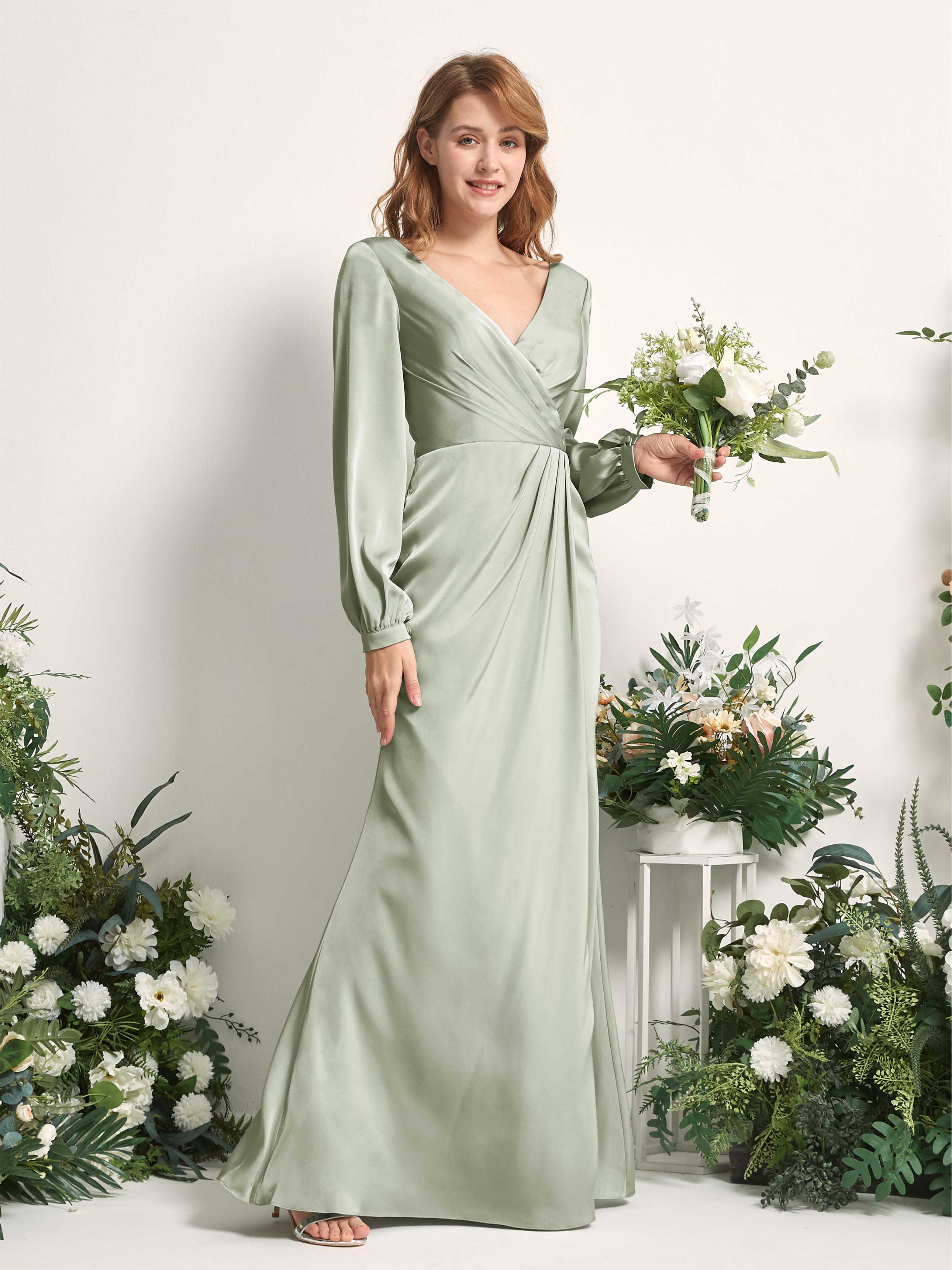 pale green bridesmaid dress Zapaka Women Dusty Sage Boho Chiffon Long Halter Wedding Party Dress with Slit, Chiffon color / US2 Whether you are dressing for a wedding party Silk Dress Pale Green Bridesmaid