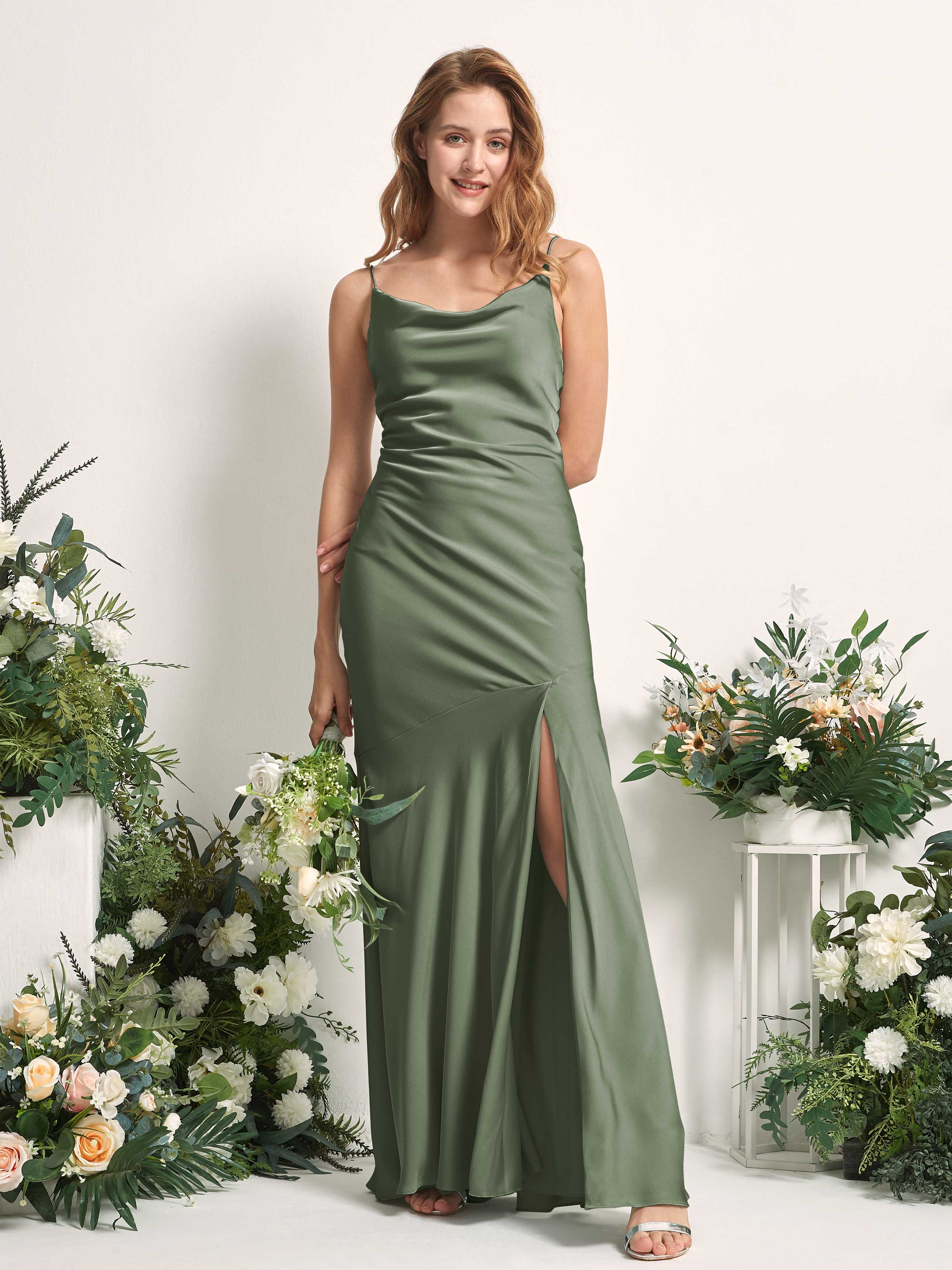 Green Olive Satin Bridesmaid Dress Mermaid Cowl Neck Maxi with Leg Slit