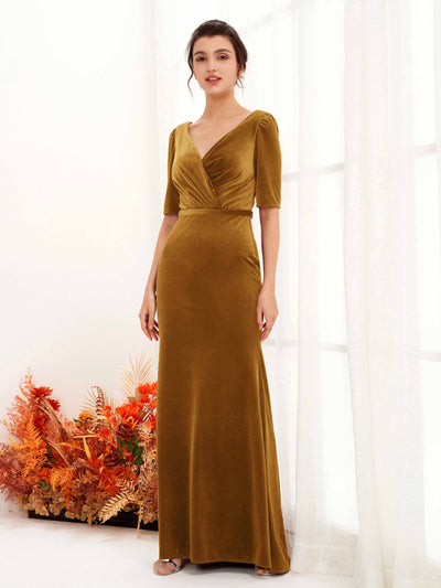Carlyna Flora Sheath Burnished Gold Velvet Bridesmaid Dress Maxi Half Sleeve V-Neck Dress Front View #color_burnished-gold