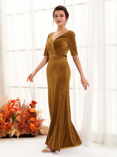 Carlyna Flora Sheath Burnished Gold Velvet Bridesmaid Dress Maxi Half Sleeve V-Neck Dress Side View 4 #color_burnished-gold