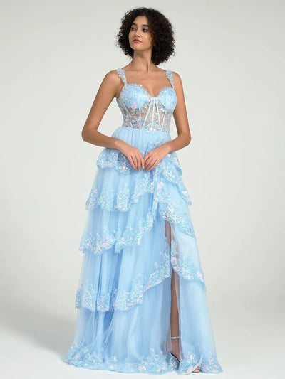 A-Line Embroidered Lace Evening Gown with V-Back & Train - Prom Dress