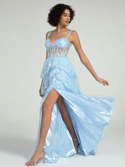 A-Line Embroidered Lace Evening Gown with V-Back & Train - Prom Dress