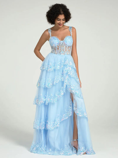 A-Line Embroidered Lace Evening Gown with V-Back & Train - Prom Dress