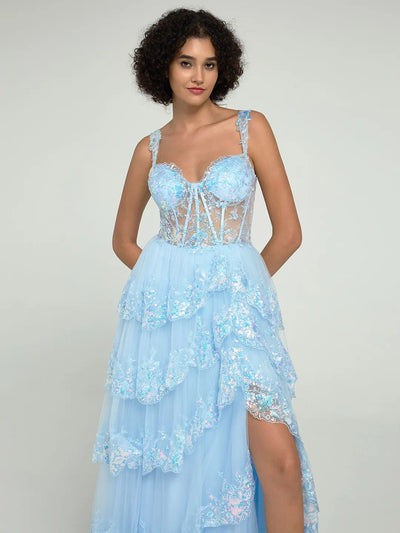 A-Line Embroidered Lace Evening Gown with V-Back & Train - Prom Dress