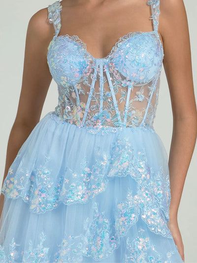 A-Line Embroidered Lace Evening Gown with V-Back & Train - Prom Dress