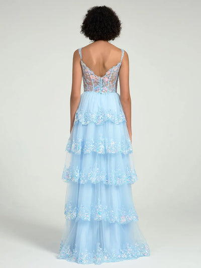 A-Line Embroidered Lace Evening Gown with V-Back & Train - Prom Dress