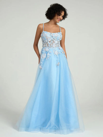 A-Line Maxi Dress with Lace Corset & Sheer Tulle Overlay