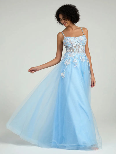 A-Line Maxi Dress with Lace Corset & Sheer Tulle Overlay