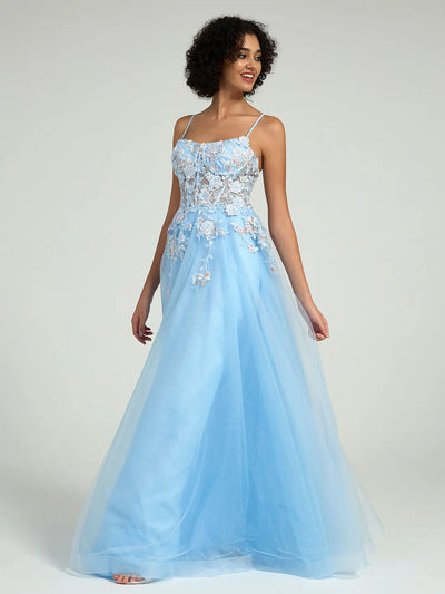 A-Line Maxi Dress with Lace Corset & Sheer Tulle Overlay