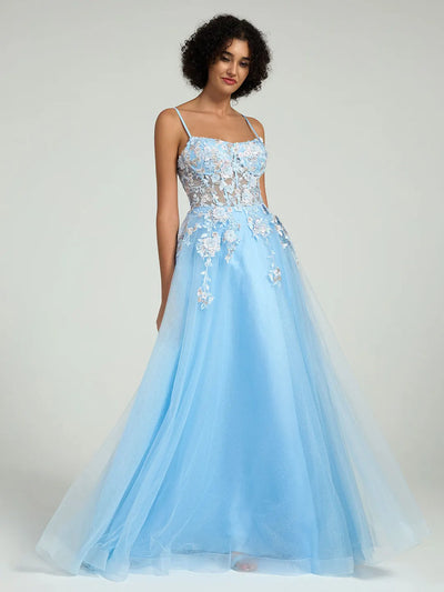 A-Line Maxi Dress with Lace Corset & Sheer Tulle Overlay