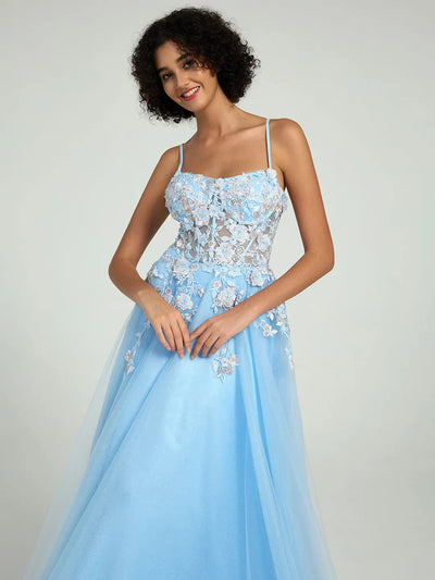 A-Line Maxi Dress with Lace Corset & Sheer Tulle Overlay