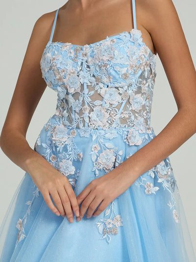 A-Line Maxi Dress with Lace Corset & Sheer Tulle Overlay