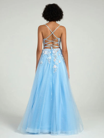 A-Line Maxi Dress with Lace Corset & Sheer Tulle Overlay