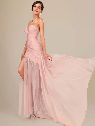 Carlyna A-Line Maxi Dress with Sweetheart Neckline, Ruched Accents, and Open Back