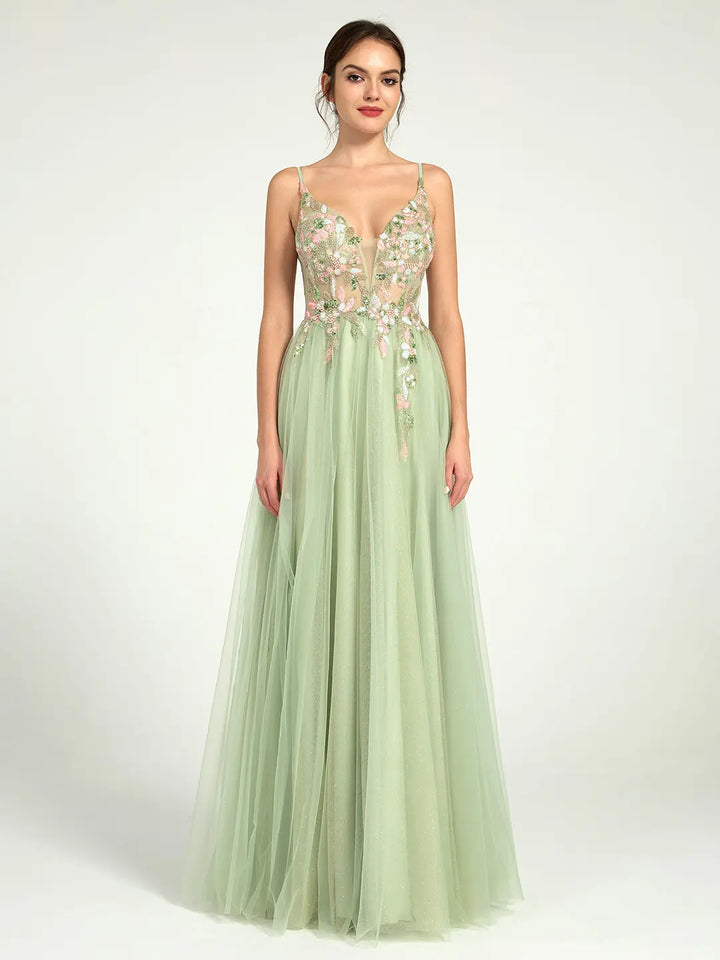 Beaded Floral A-Line Maxi Dress with Plunge Neckline | Wedding, Prom & Formal Gown Carlyna UK 131.00 Beaded Floral A-Line Maxi Dress with Plunge Neckline | Wedding, Prom & Formal Gown Carlyna UK 131.00