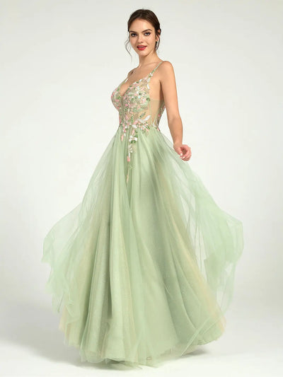 Carlyna Beaded Floral A-Line Maxi Dress with Plunge Neckline and Open Back