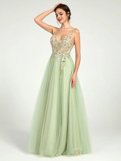 Carlyna Beaded Floral A-Line Maxi Dress with Plunge Neckline and Open Back