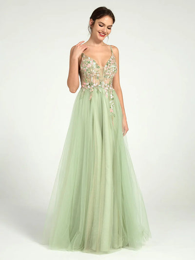 Carlyna Beaded Floral A-Line Maxi Dress with Plunge Neckline and Open Back