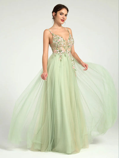 Carlyna Beaded Floral A-Line Maxi Dress with Plunge Neckline and Open Back