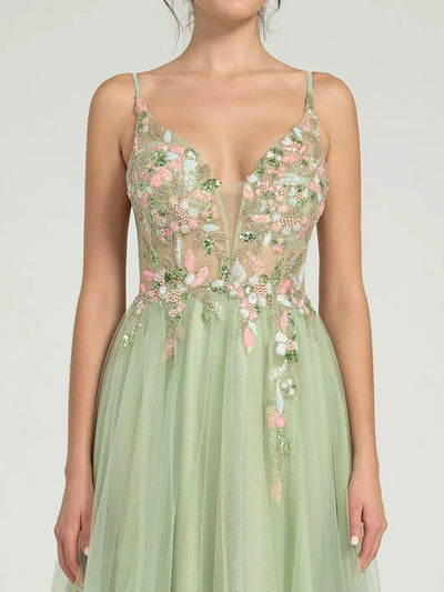 Carlyna Beaded Floral A-Line Maxi Dress with Plunge Neckline and Open Back