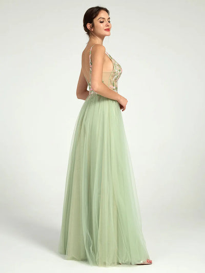 Carlyna Beaded Floral A-Line Maxi Dress with Plunge Neckline and Open Back