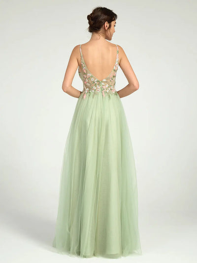 Carlyna Beaded Floral A-Line Maxi Dress with Plunge Neckline and Open Back