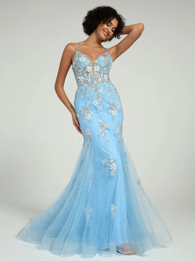Beaded Floral Lace Mermaid Prom Dress with Open Back