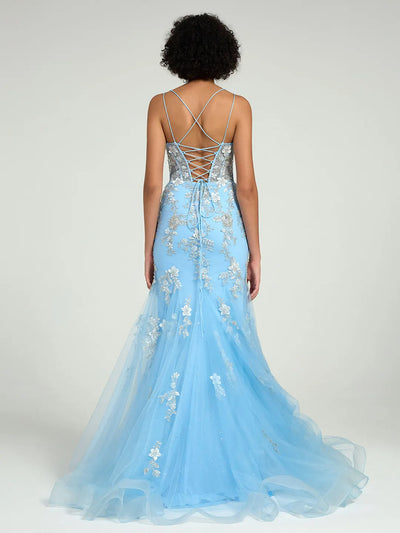 Beaded Floral Lace Mermaid Prom Dress with Open Back