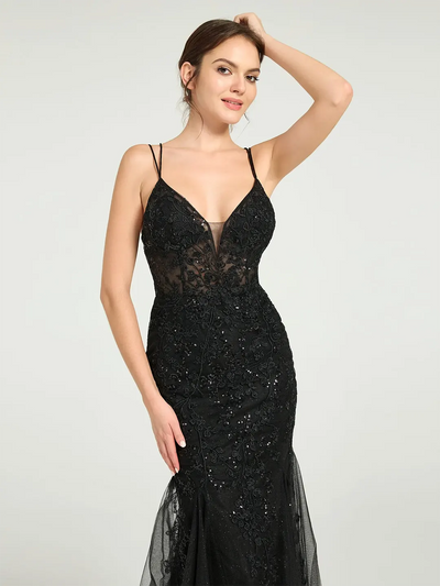 Carlyna V-Neck Lace-Up Mermaid Tulle Maxi Formal Prom Dress with Sequin Lace