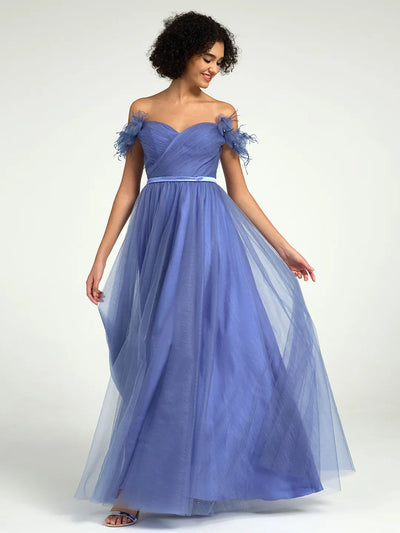 Carlyna Off-Shoulder Tulle A-Line Gown with 3D Floral Appliqués & Feather Accents