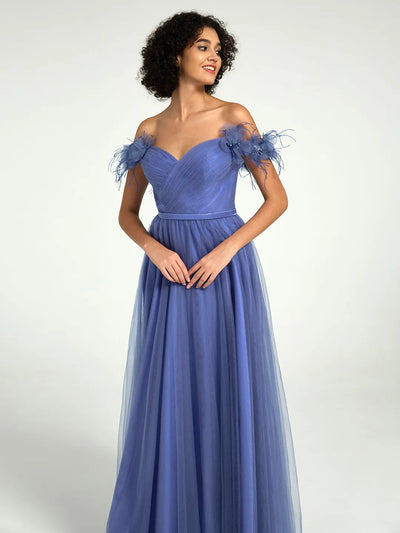 Carlyna Off-Shoulder Tulle A-Line Gown with 3D Floral Appliqués & Feather Accents