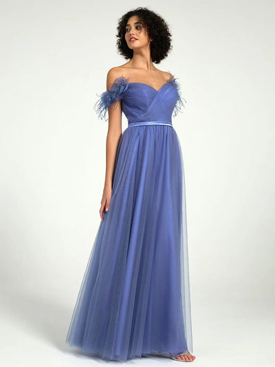 Carlyna Off-Shoulder Tulle A-Line Gown with 3D Floral Appliqués & Feather Accents