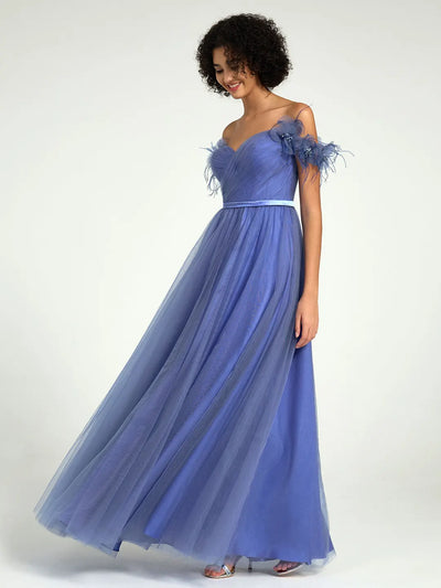 Carlyna Off-Shoulder Tulle A-Line Gown with 3D Floral Appliqués & Feather Accents