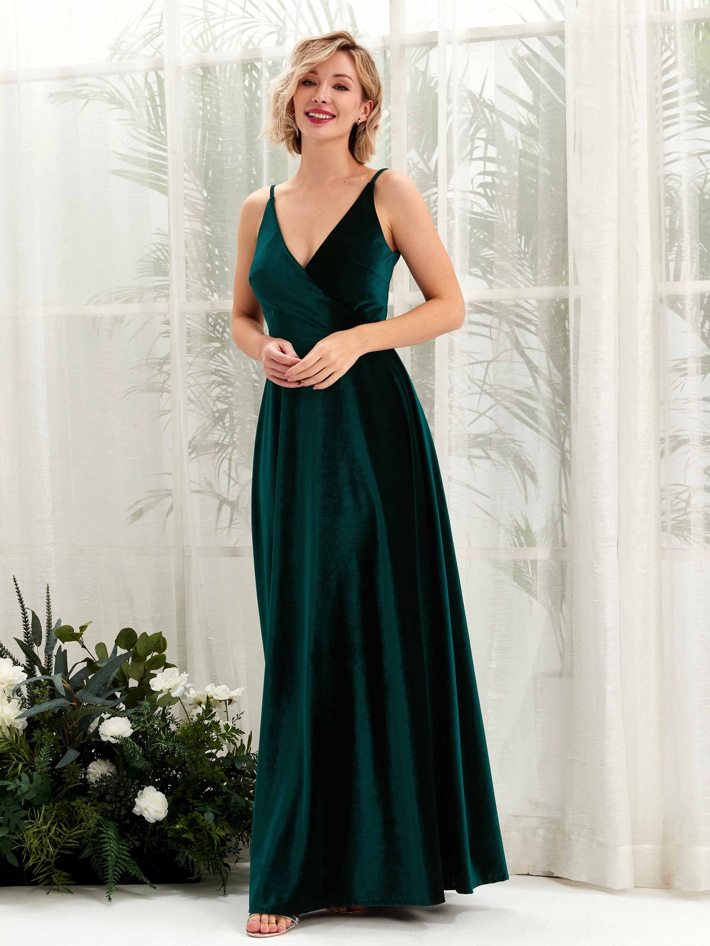 Hunter Green Bridesmaid Dresses Bridesmaid Dress A-line Velvet Spaghetti-straps Full Length Sleeveless Wedding Party Dress (80224127)#color_hunter-green