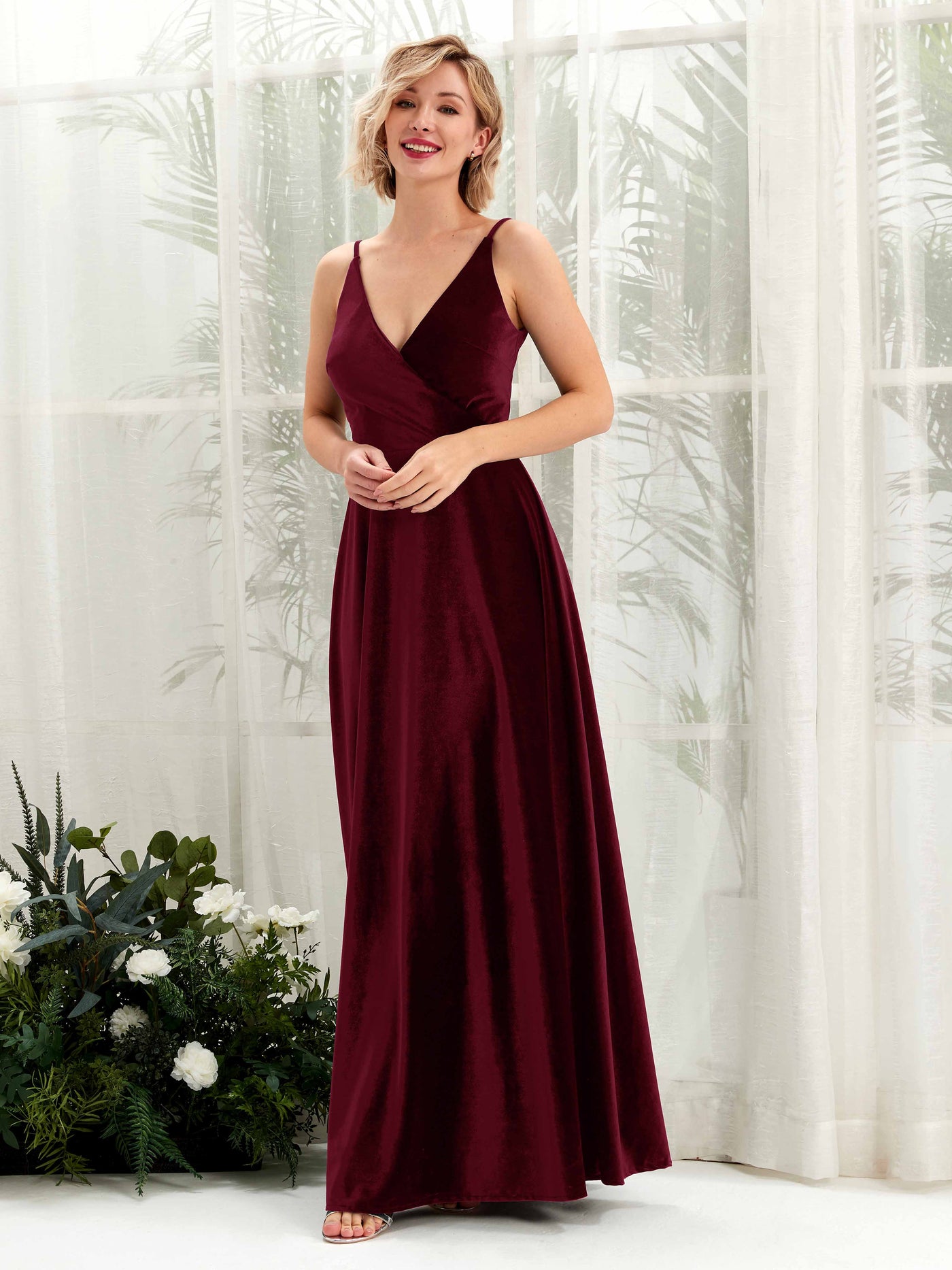 Burgundy Bridesmaid Dresses Bridesmaid Dress A-line Velvet Spaghetti-straps Full Length Sleeveless Wedding Party Dress (80224113)#color_burgundy