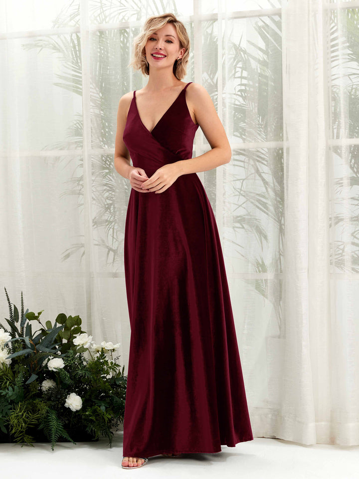 Burgundy Bridesmaid Dresses Bridesmaid Dress A-line Velvet Spaghetti-straps Full Length Sleeveless Wedding Party Dress (80224113)
