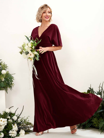 Carlyna Erica A-Line Burgundy Velvet Bridesmaid Dress Maxi Short Sleeve V-Neck Dress Front View #color_burgundy