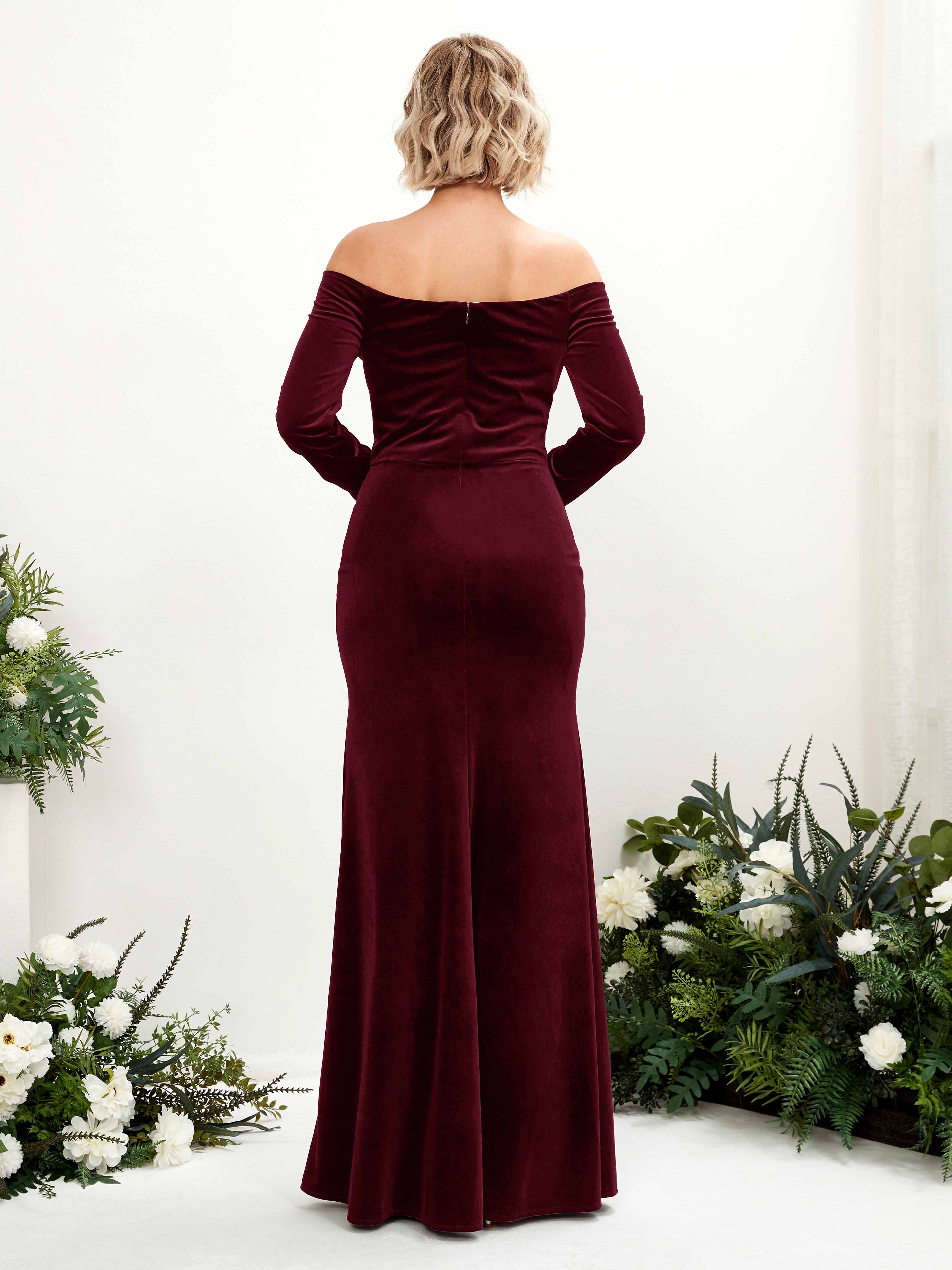 Burgundy Velvet Bridesmaid Dress Mermaid Long Sleeve Off the Shoulder