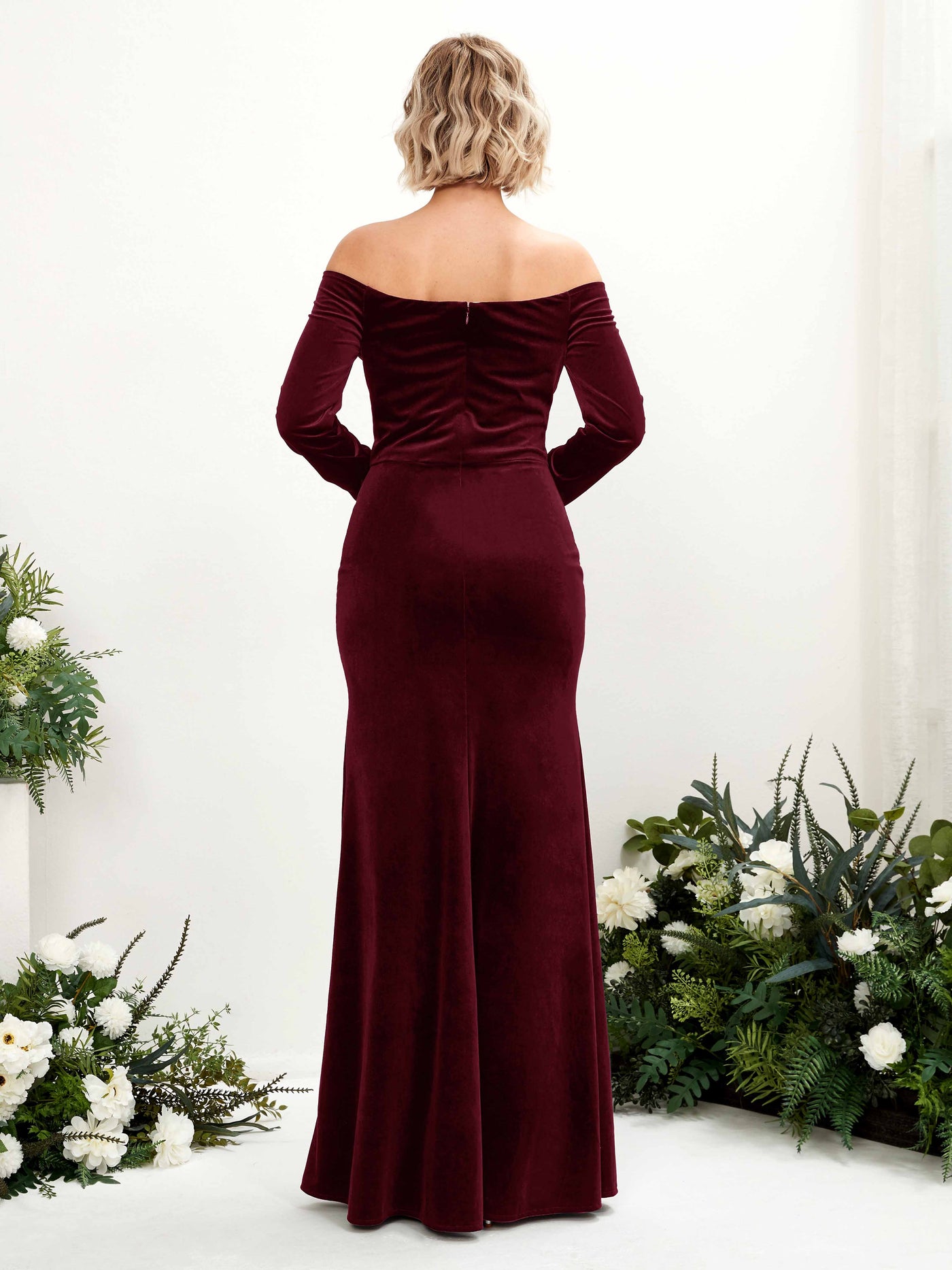 Burgundy Velvet Bridesmaid Dress Mermaid Long Sleeve Off the Shoulder