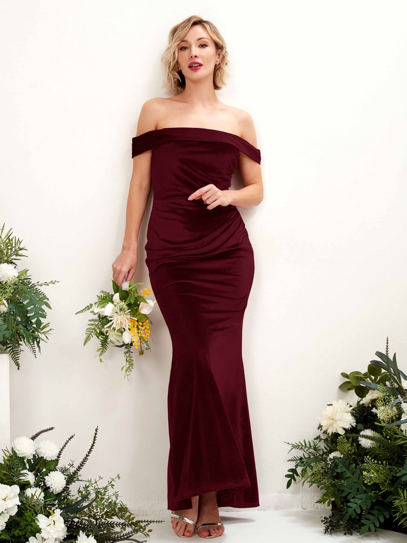 Burgundy Velvet Bridesmaid Dress Mermaid Off the Shoulder Maxi – Carlyna UK £99.00