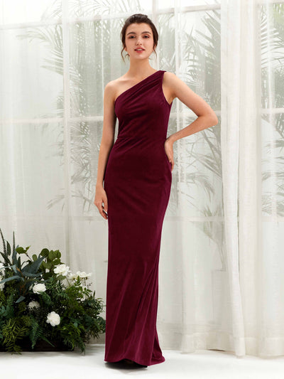 Carlyna Dana Sheath Burgundy Velvet Bridesmaid Dress Maxi Sleeveless One Shoulder Dress Front View #color_burgundy