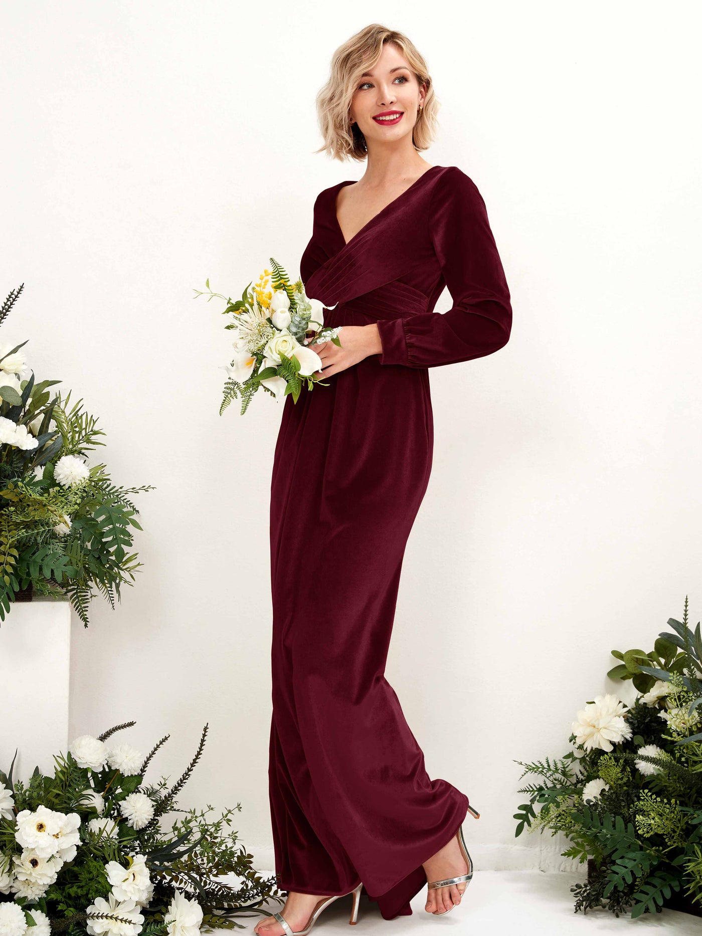Burnished Gold Velvet Bridesmaid Dress Long Sleeve V-Neck Maxi with Ruched Carlyna UK 99.00 Burnished Gold Velvet Bridesmaid Dress Long Sleeve V-Neck Maxi with Ruched Carlyna UK 99.00
