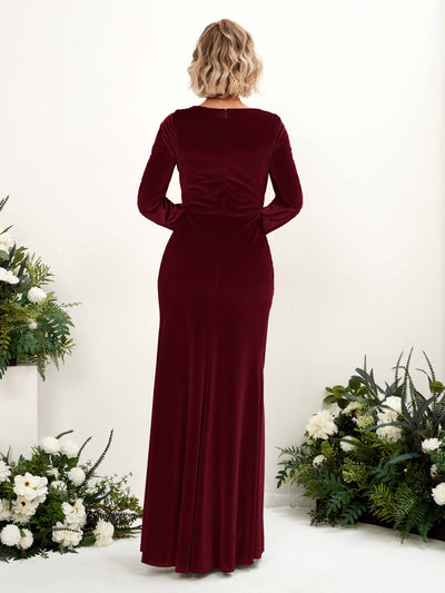 Carlyna Camille Sheath Burgundy Velvet Bridesmaid Dress Maxi Long Sleeve V-Neck Back View #color_burgundy