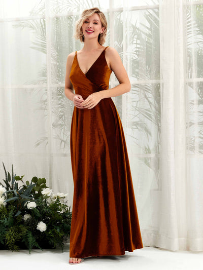 Carlyna Sheila A-Line Burant Orange Velvet Bridesmaid Dress Maxi Sleeveless V-Neck Dress #color_burant-orange