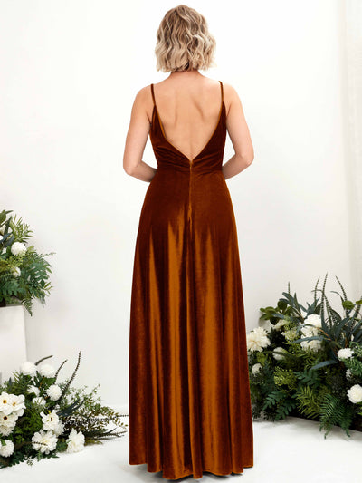 Carlyna Sheila A-Line Burant Orange Velvet Bridesmaid Dress Maxi Sleeveless V-Neck Dress #color_burant-orange