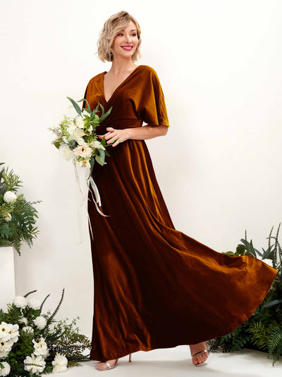 Carlyna Erica A-Line Burant Orange Velvet Bridesmaid Dress Maxi Short Sleeve V-Neck Dress Front View #color_burant-orange