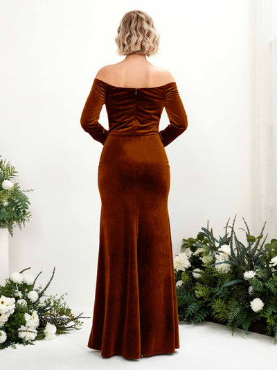 Carlyna Elaine Mermaid Burant Orange Velvet Bridesmaid Dress Maxi Long Sleeve Off the Shoulder Back View #color_burant-orange