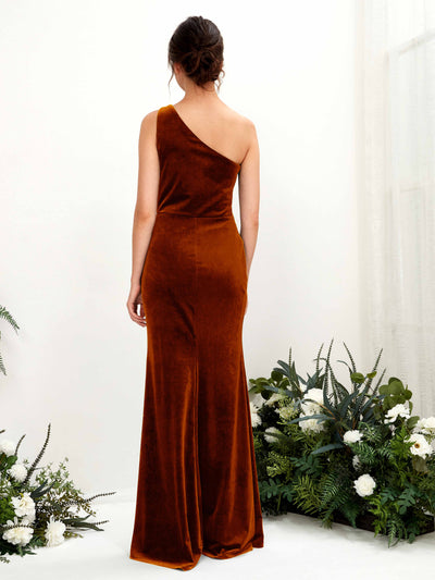 Carlyna Dana Sheath Burant Orange Velvet Bridesmaid Dress Maxi Sleeveless One Shoulder Dress Back View #color_burant-orange