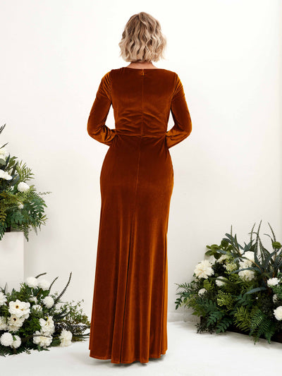 Carlyna Camille Sheath Burant Orange Velvet Bridesmaid Dress Maxi Long Sleeve V-Neck Back View #color_burant-orange
